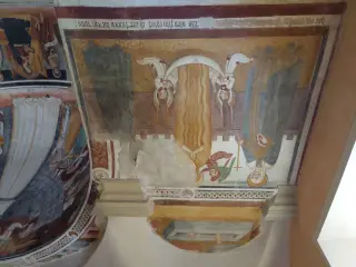 Maria Maddalena tra Santa Monica e santo e sopra scena dal giudizio universale - Cappella o Santuario di Madonna Lunga o Vergine Assunta a Montanera