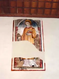 Parete destra (Sud), alto, san Lorenzo, in cartiglio MCCCCLXXX in die XIII madij - Chiesa della Madonna della Stella a Pianezza