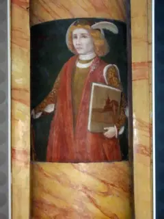 Pilastro tra seconda e terza campata., gentiluomo con faldone recante modello chiesa - Parrocchiale di Santo Stefano a Villafranca Piemonte