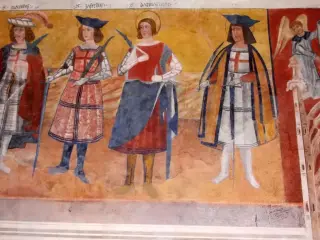 Cappella Botoneri parete Nord, legione tebea, particolare - Santuario di San Magno a Castelmagno