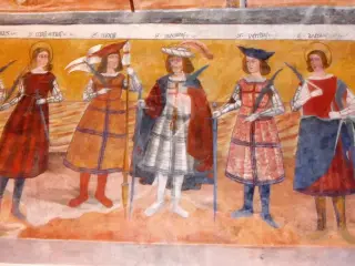 Cappella Botoneri parete Nord, legione tebea, particolare - Santuario di San Magno a Castelmagno