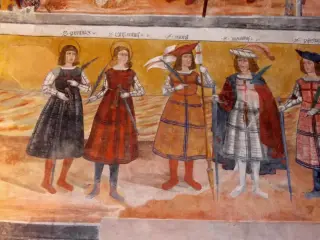 Cappella Botoneri parete Nord, legione tebea, particolare - Santuario di San Magno a Castelmagno